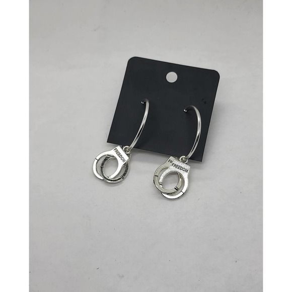 Freedom from handcuffs charmed hoop earrings. 1.12"  NA AA CA Recovery Jail - Picture 5 of 5